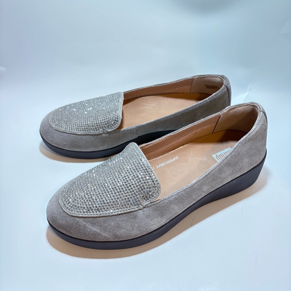 FITFLOP Womens 6.5 Crystal Platform Sneakerloafer TAN Leather Slip-On Shoes NEW - Picture 3 of 8